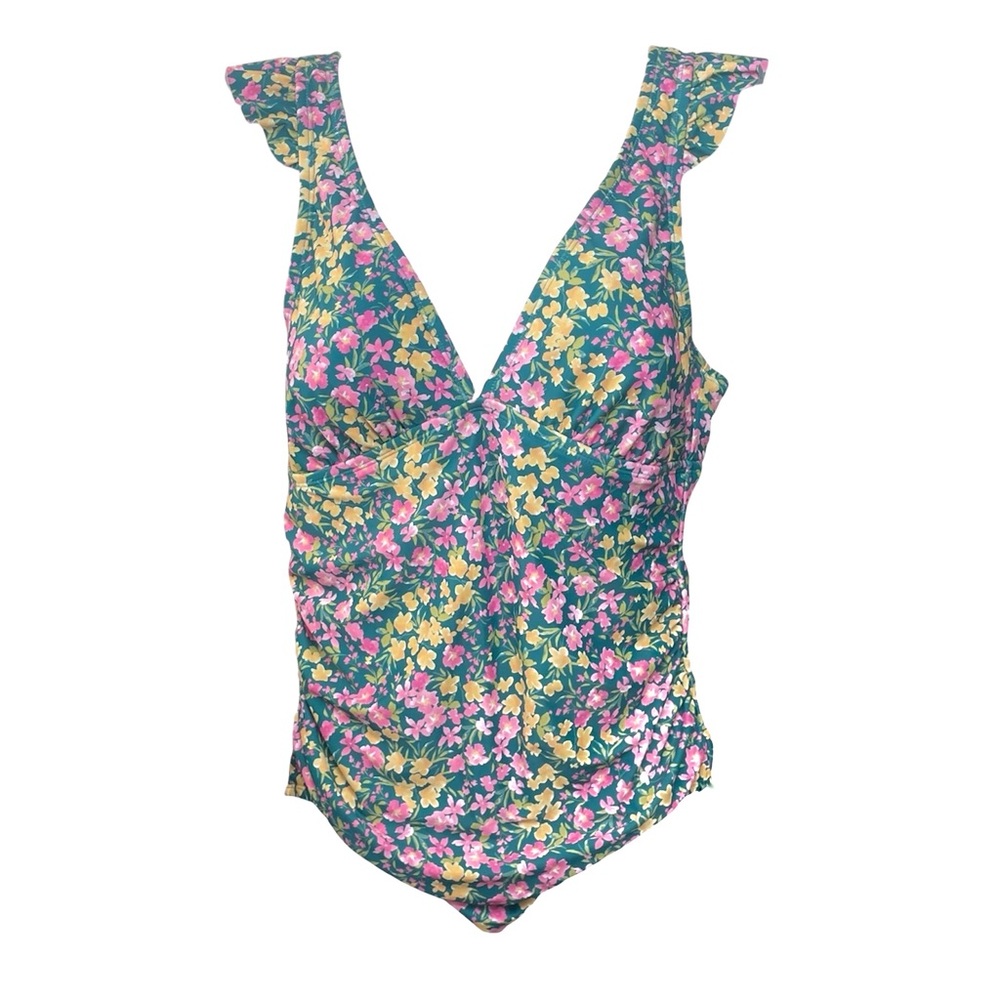 Kona Sol One Piece Swimsuit Women’s Size L Floral Ruffle Full Seat Coverage NEW